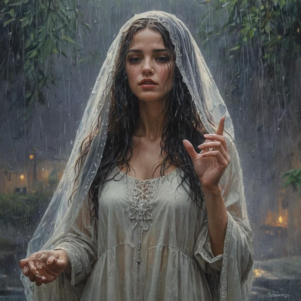 Soul Cleansing in Rain: An Oil Painting