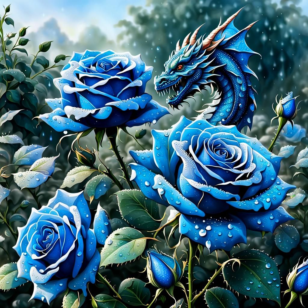 Dragon and Dew-Kissed Blue Rose