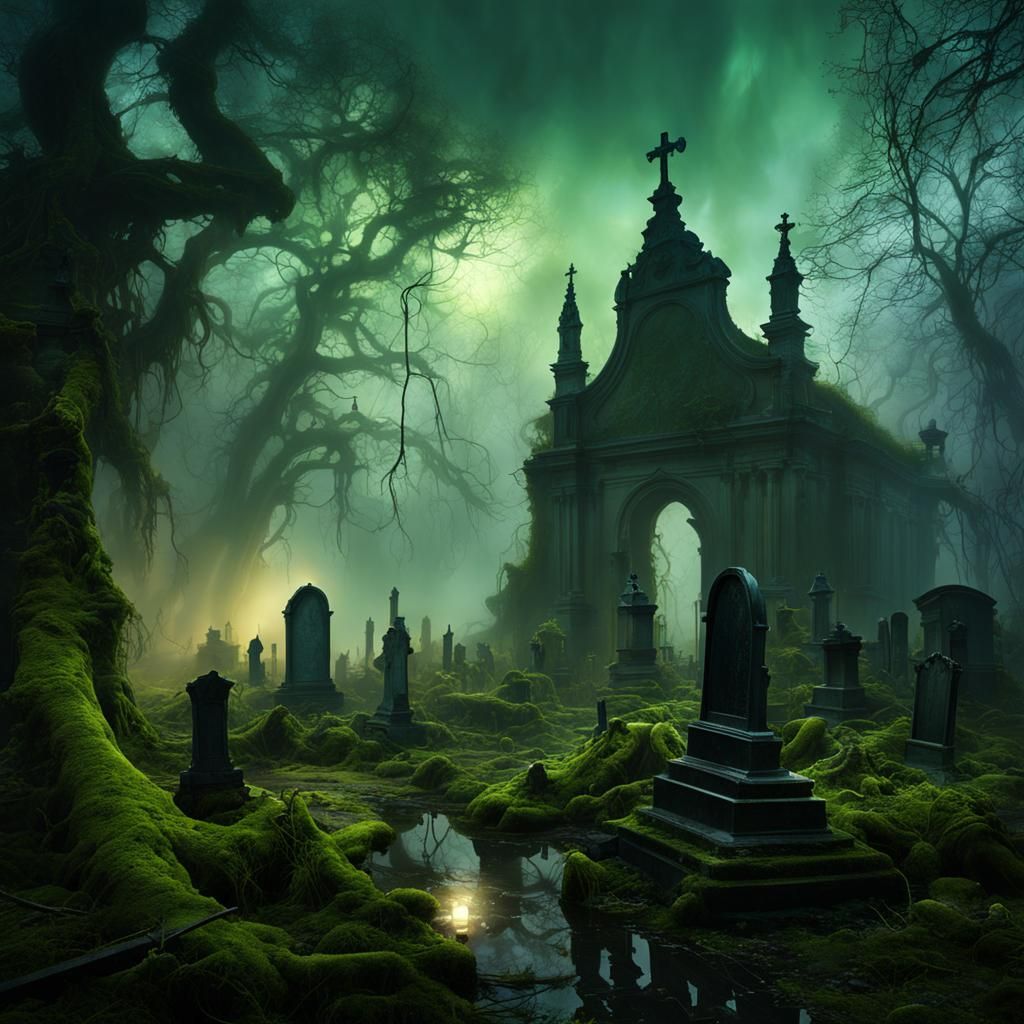 Eerie Swamp Graveyard with Ethereal Spirits