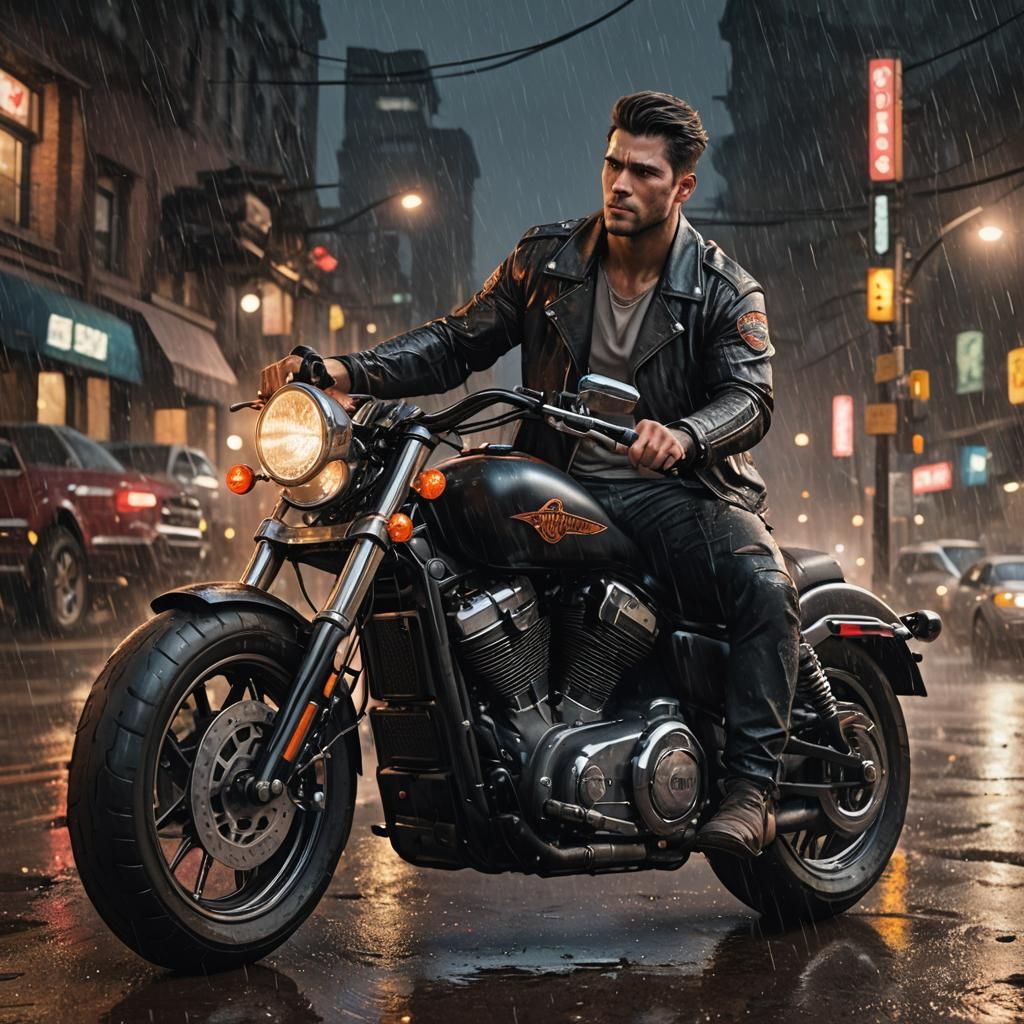 Motorcycle Rider on Rainy Night: Detailed Matte Painting