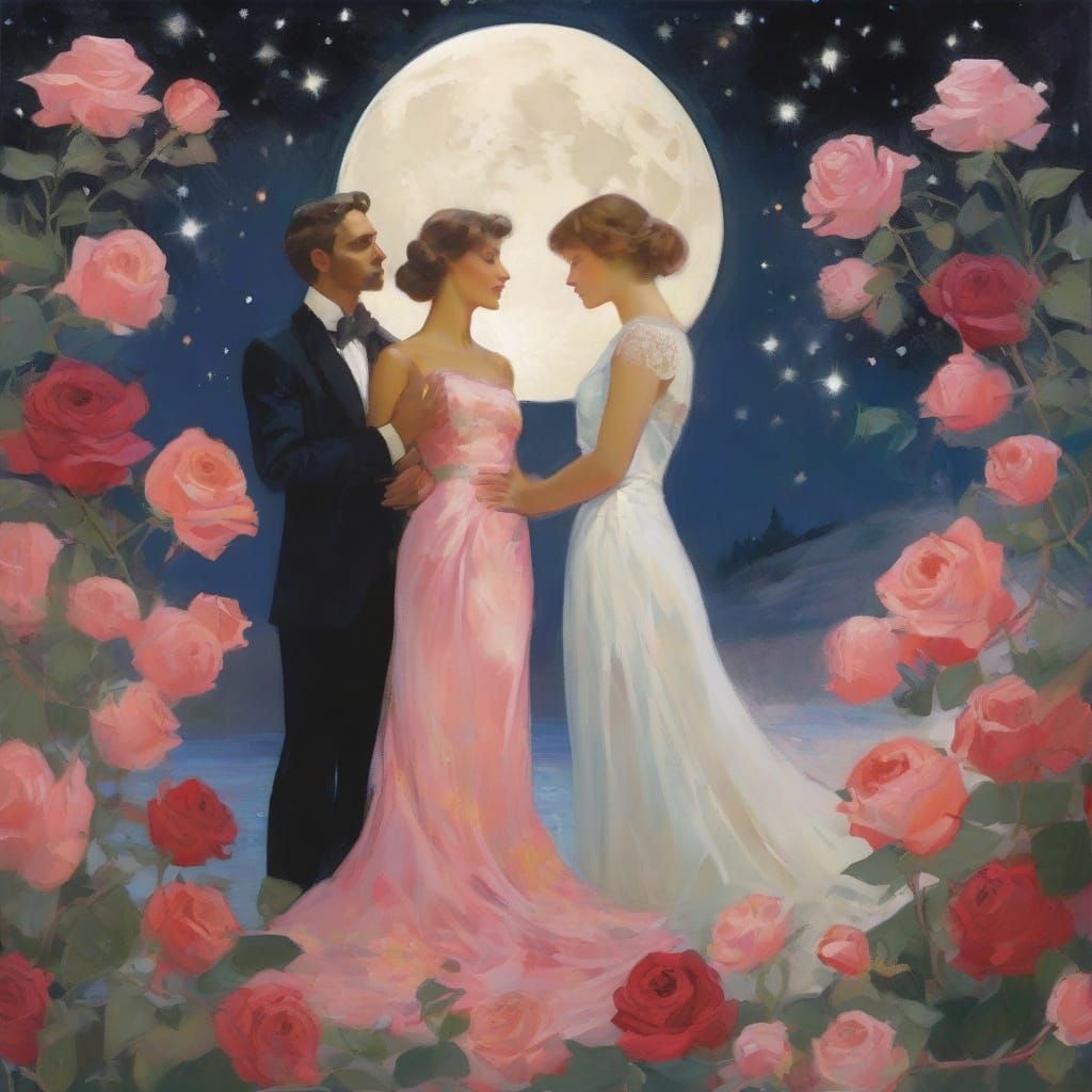 Romantic Couple in Vibrant Rose Garden under Starry Night Sk...