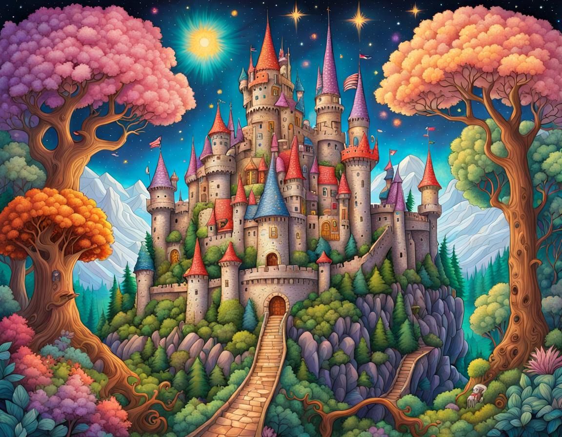 Whimsical Castle Illustration in Pastel Colors
