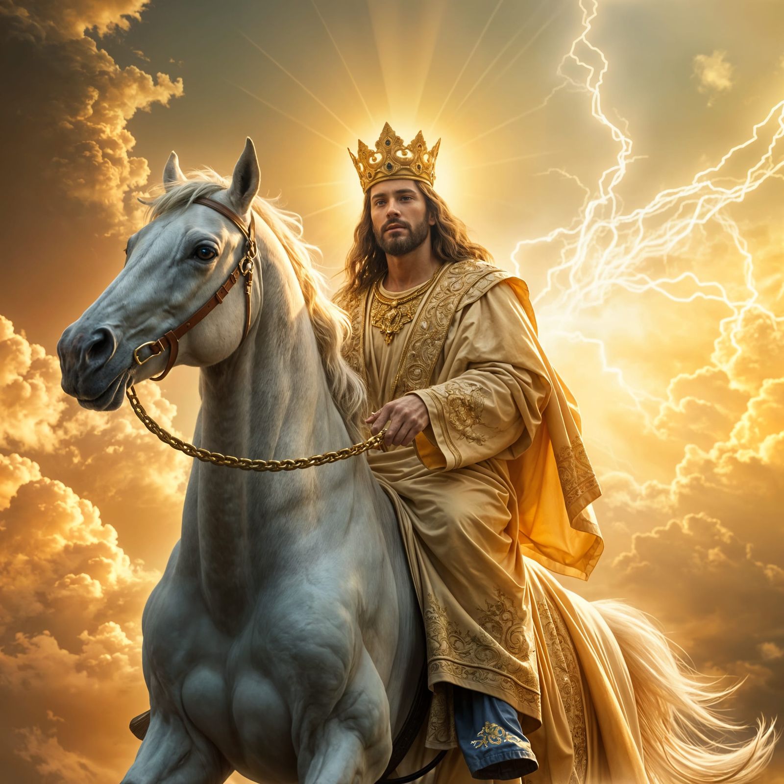 Jesus Christ on White Horse in Clouds