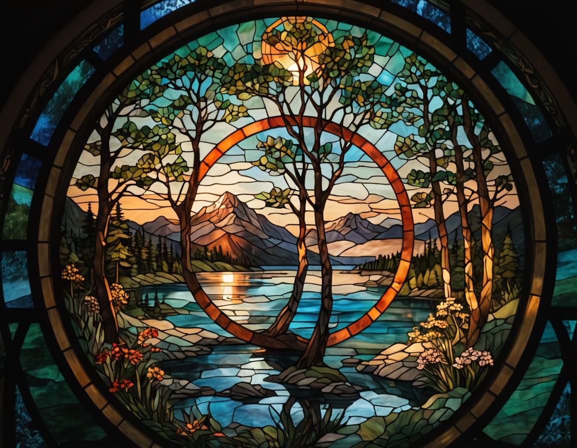 Stained Glass Mountain Landscape in Hudson River Style