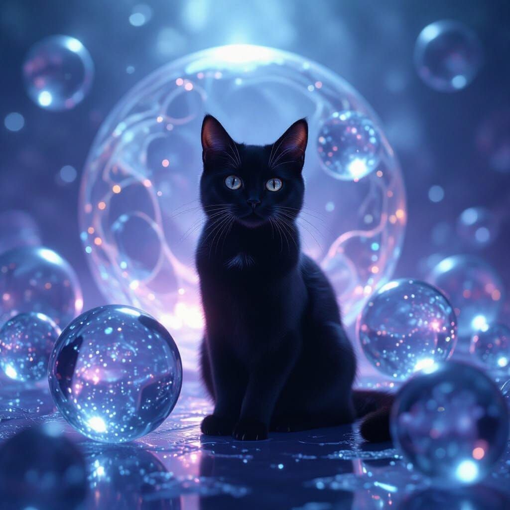 Mysterious Black Cat Among Ethereal Glass Spheres