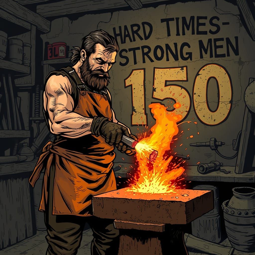 Blacksmith Forging Number 150 in Comic Art Style