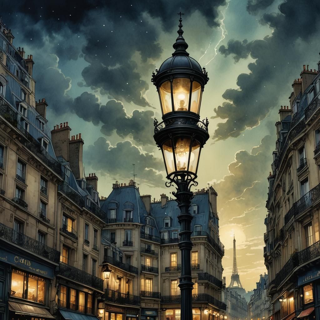 Gaslit Victorian Paris Street with Mystical Sky