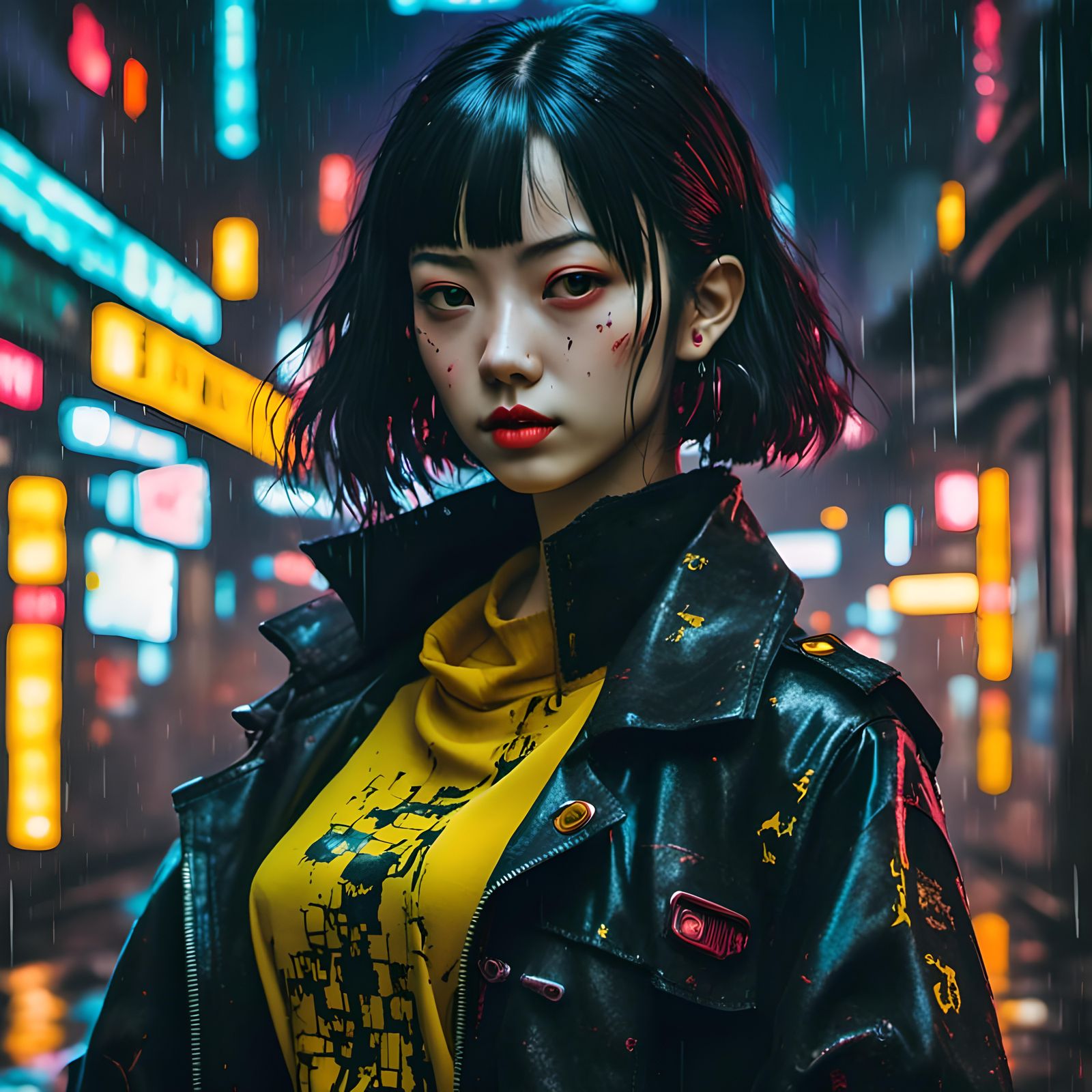 Woman in Neo-Tokyo Style Outfit, Night Scene