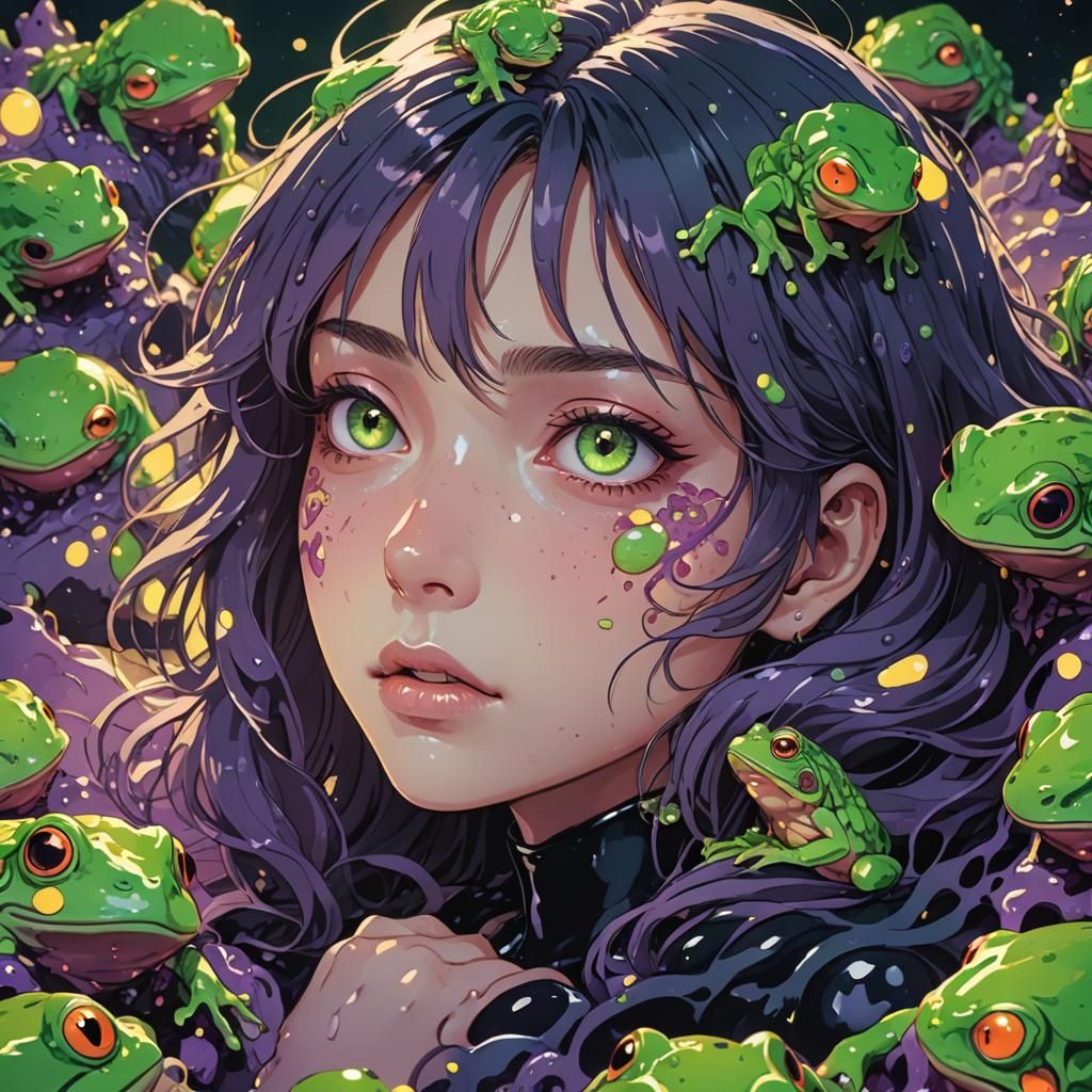 Girl on Frog Eggs: Dark Fantasy Anime Art