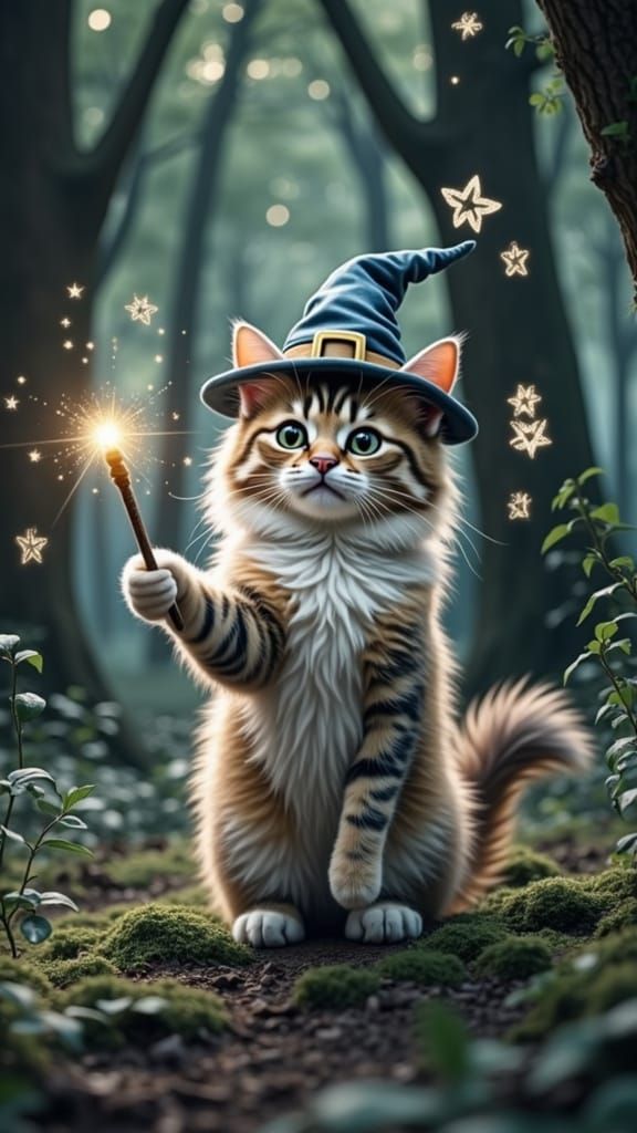 Whimsical Wizard Cat in Enchanted Forest