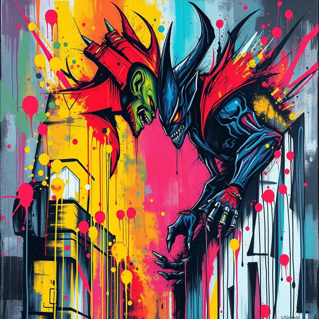 Good vs Evil Graffiti in Vibrant High-Contrast Scene