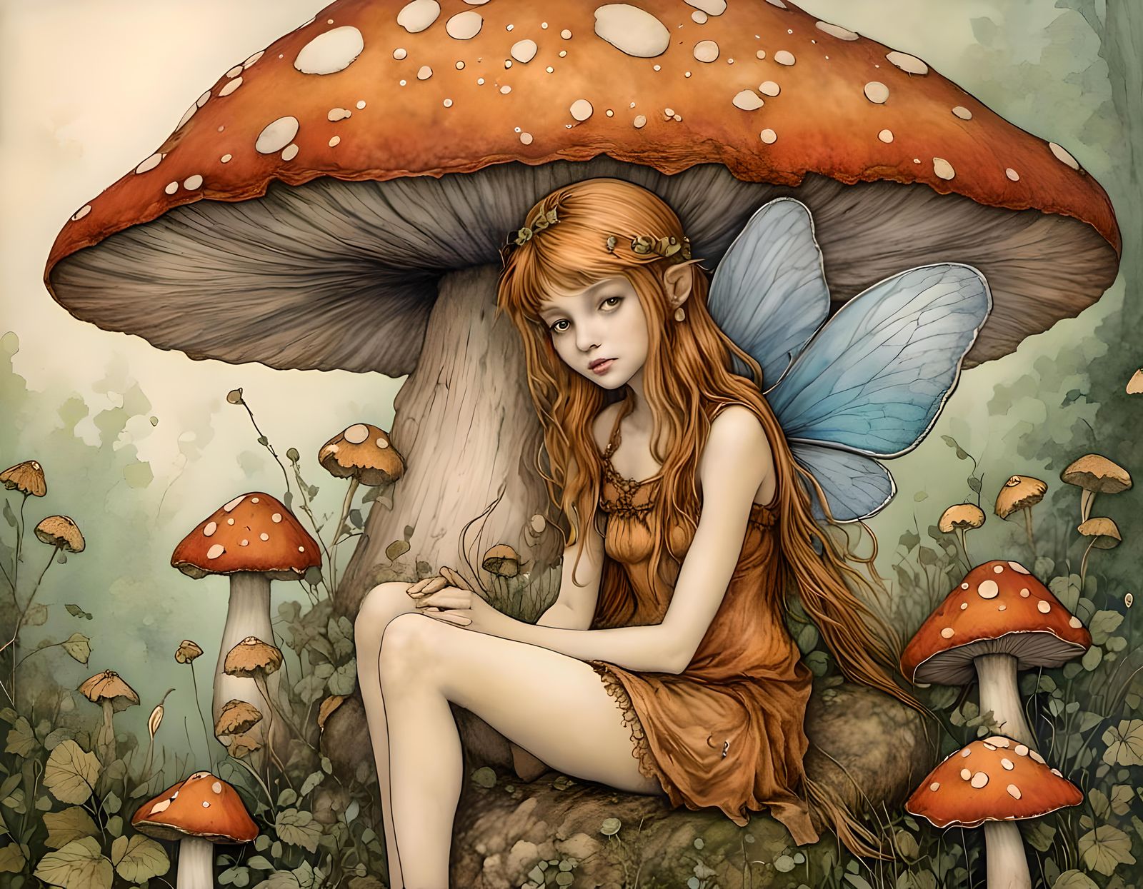Ethereal Fairy on Mushroom in Enchanted Forest