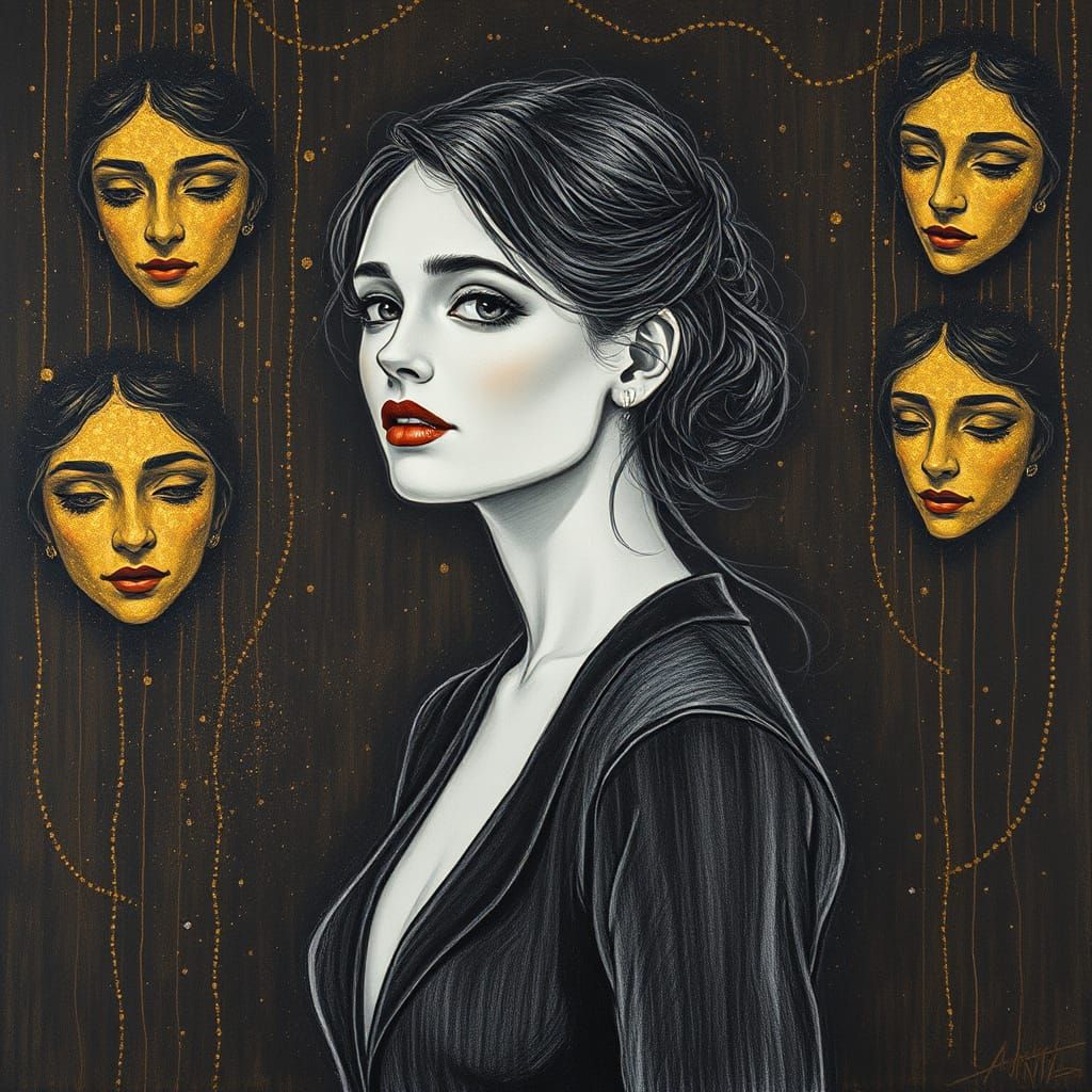 Elegant Woman with Hidden Faces, Impasto Pencil Drawing