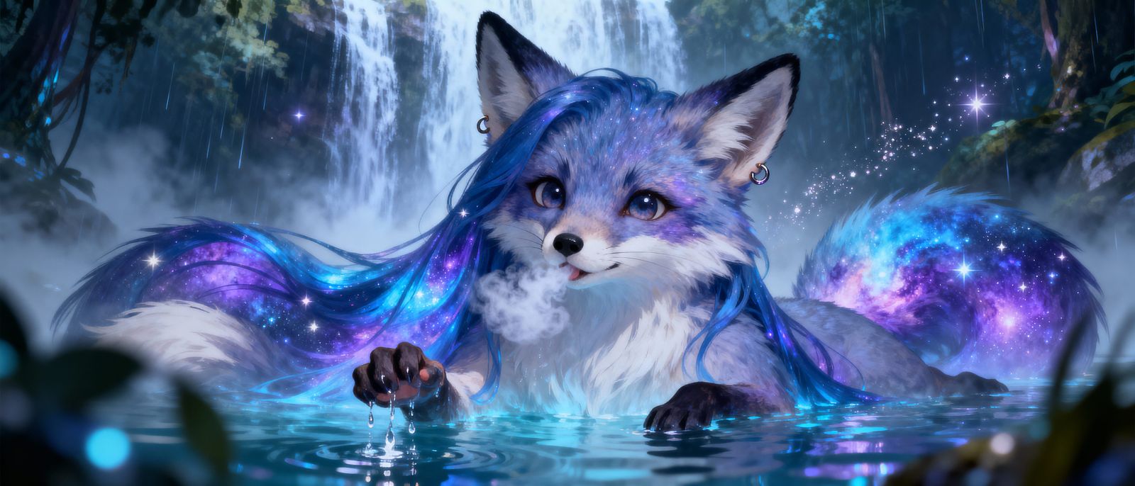 Cosmic Rainforest Waterfall with Anthropomorphic Fox