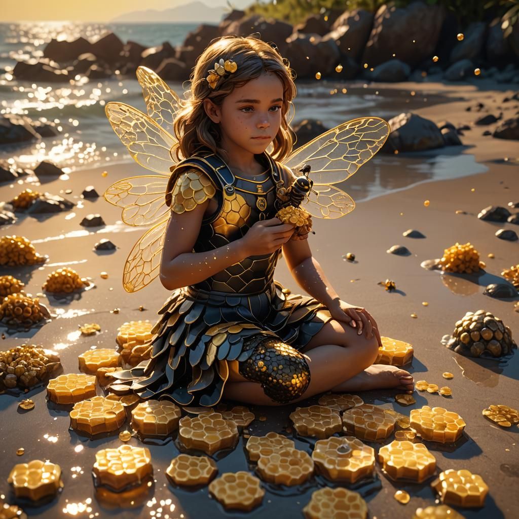 Bee Girl Eating Honeycomb: 3D Game Cinematic