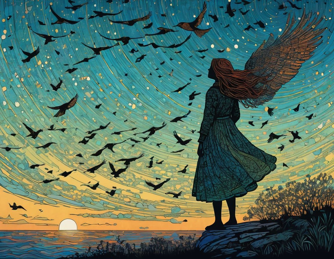 Woman's Mind Soars With Birds in Expressive Impressionist St...