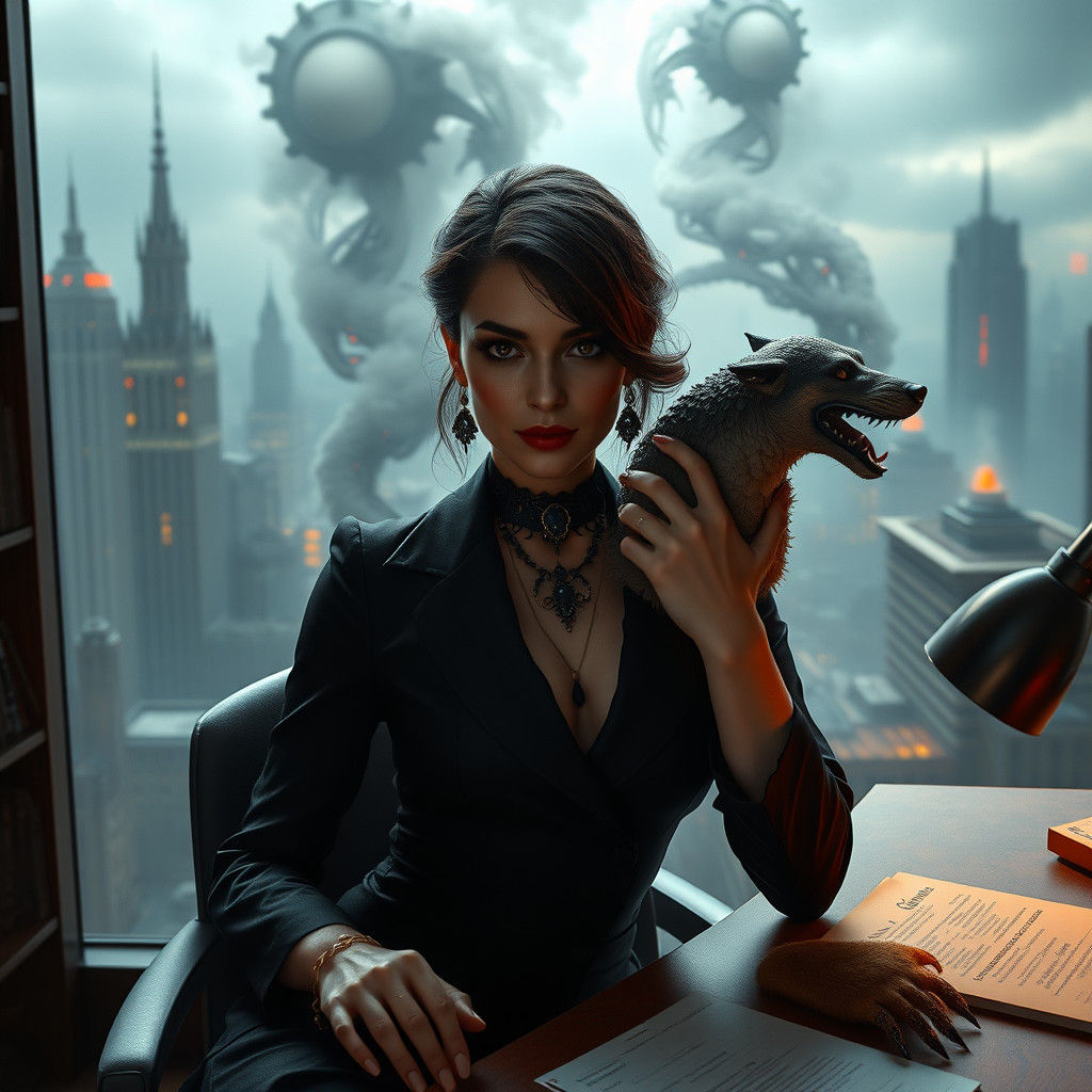 Elegant Vampire Detective in Art Deco Office