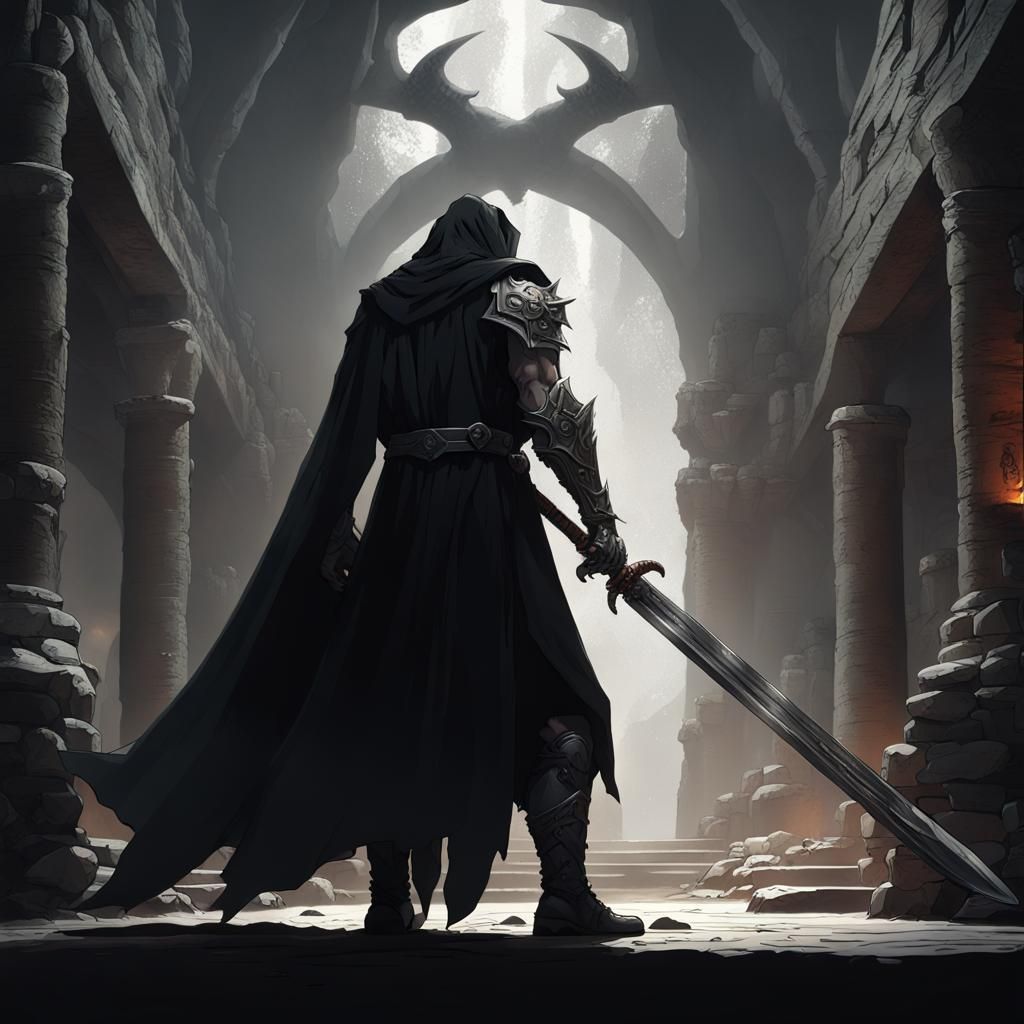 Dark Cloaked Figure in Dungeon, Dark Fantasy Art