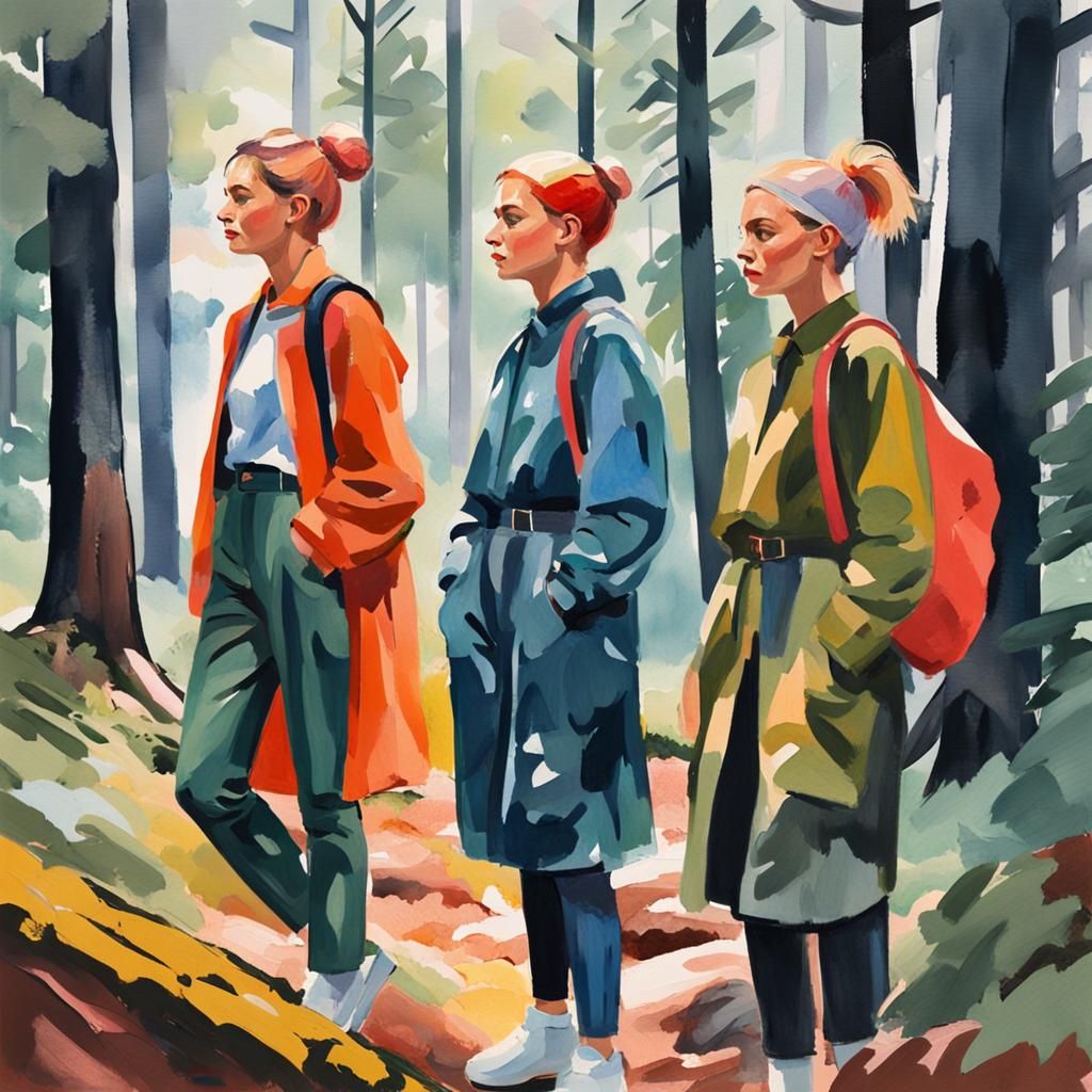 Women Creating Art in Scandinavian Forest, Gouache Style