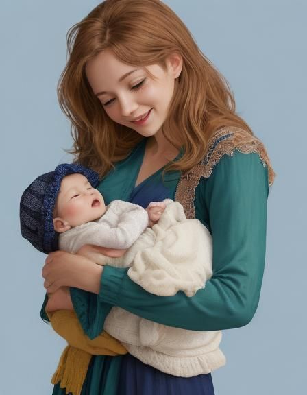 Joyful Mother Embracing Baby in Vibrant Colors