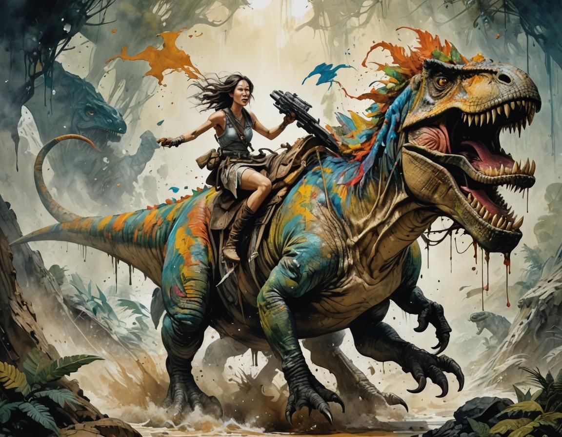 Prehistoric Girl Rides T-Rex in Gouache Painting