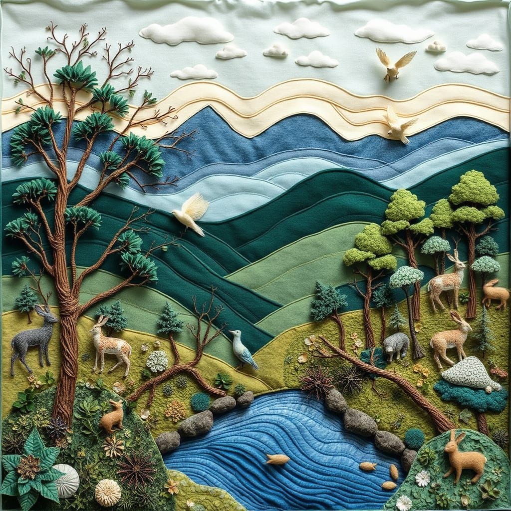 Whimsical Fabric Landscape with Majestic Trees and Meanderin...