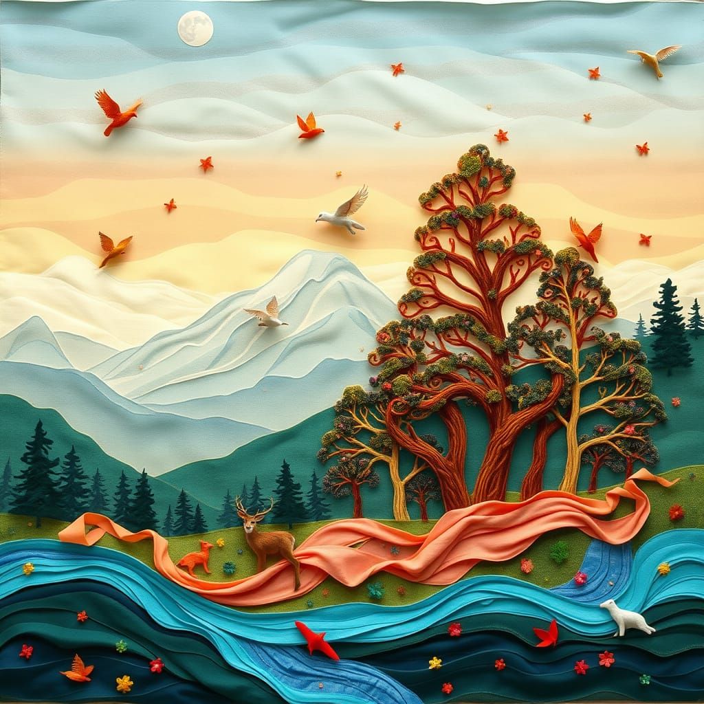Ethereal Landscape Fabric Collage in Whimsical Style