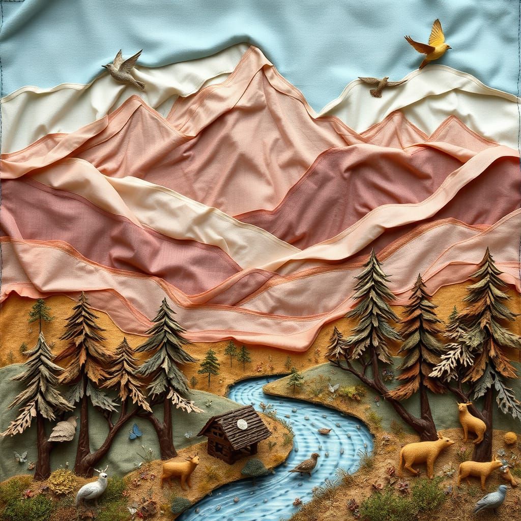 Whimsical Fabric Collage of Serene Landscape