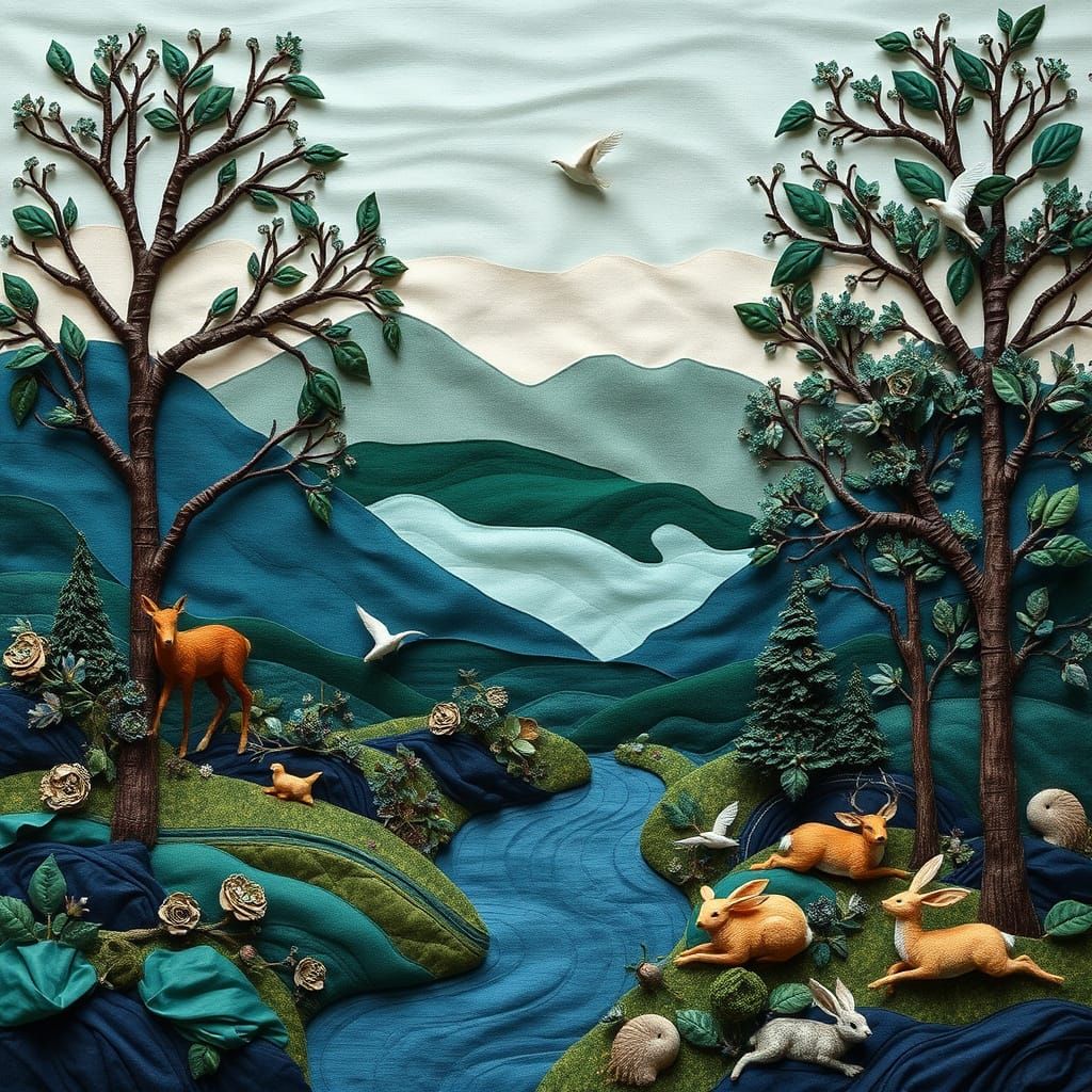 Whimsical Fabric Landscape with Majestic Trees and River