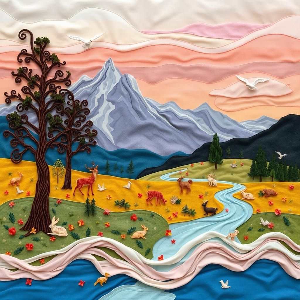 Ethereal Fabric Landscape with Majestic Mountains and Whimsi...