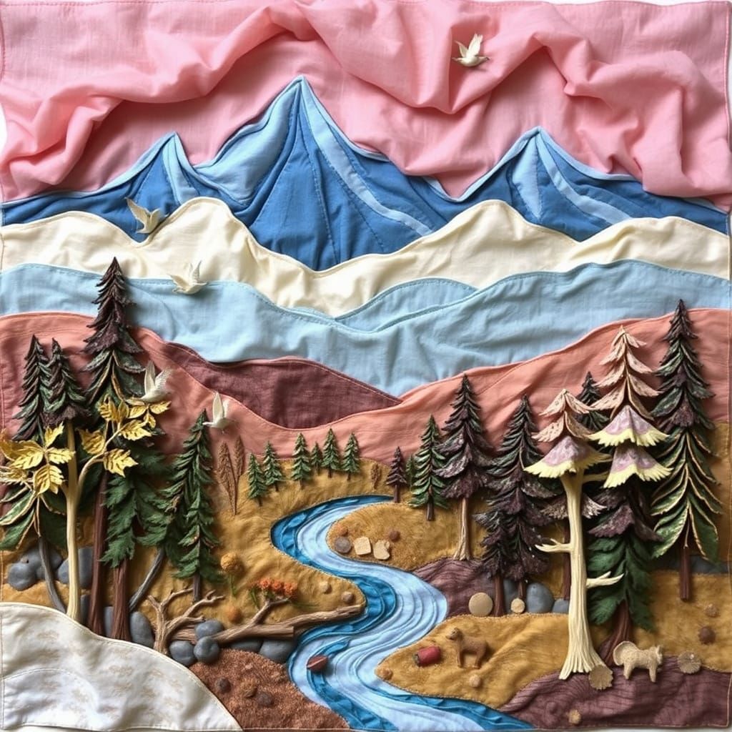 Ethereal Landscape Collage in Whimsical Fabric Style