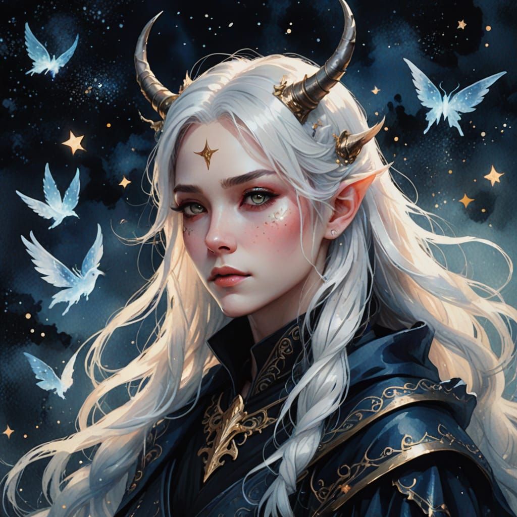 Ethereal Girl with Wings and Horns in Midnight Blue Sky