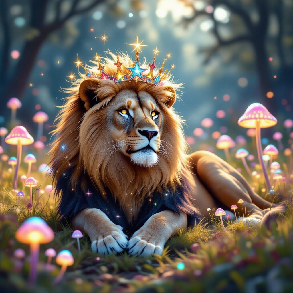 Mystical Lion Lounging in Glowing Mushroom Field
