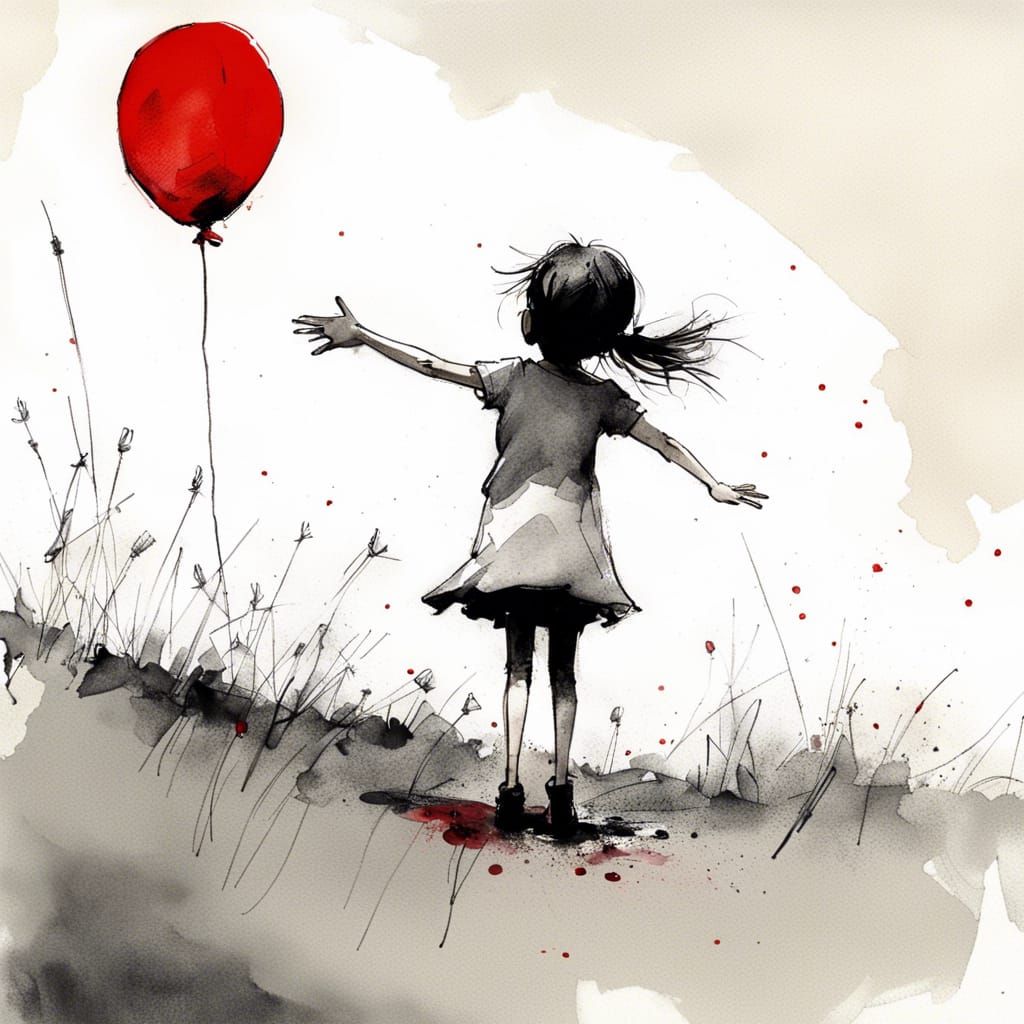 Girl Reaches for Balloon in Watercolour Style