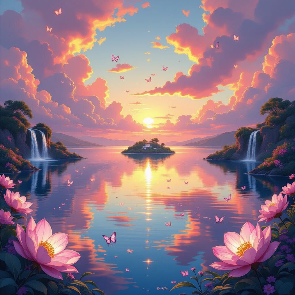 Heart Lake with Glowing Flowers and Floating Island