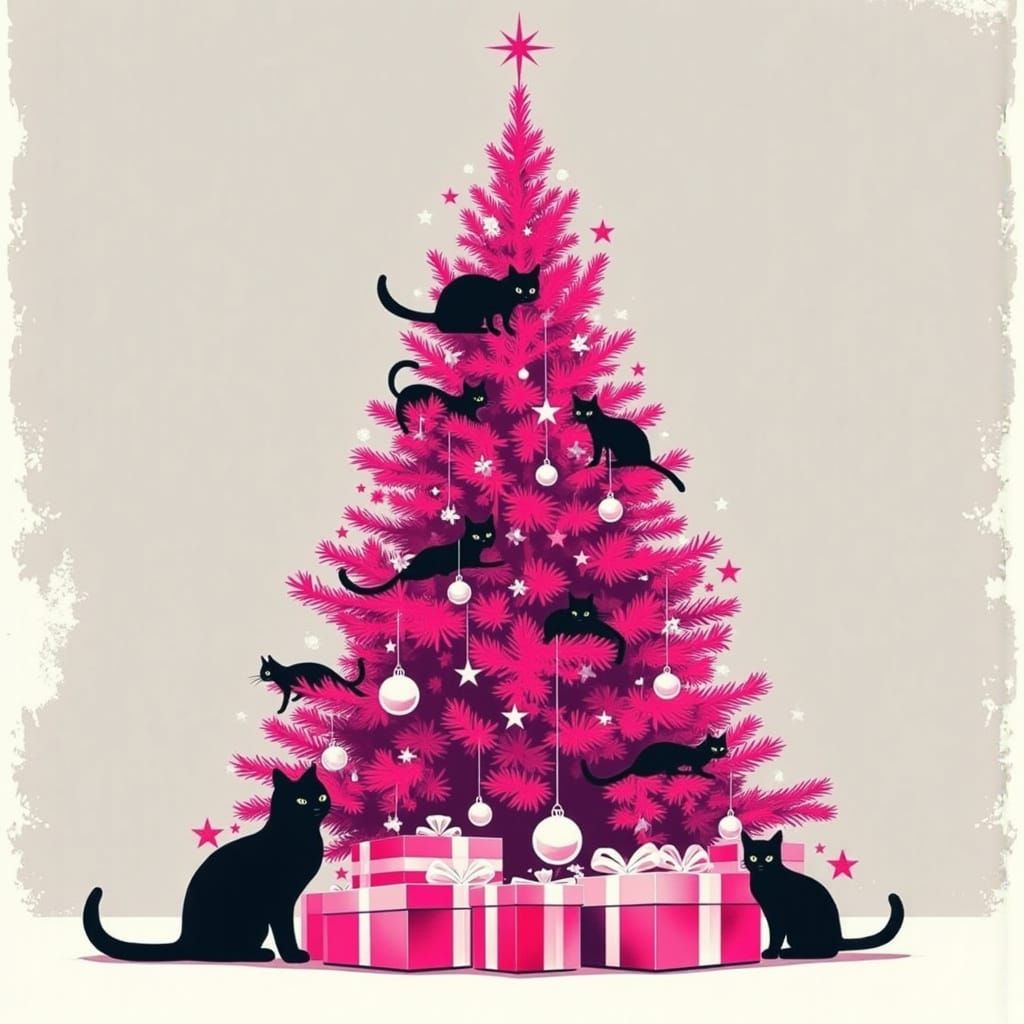 Vibrant Pop Art Christmas Tree with Black Cats