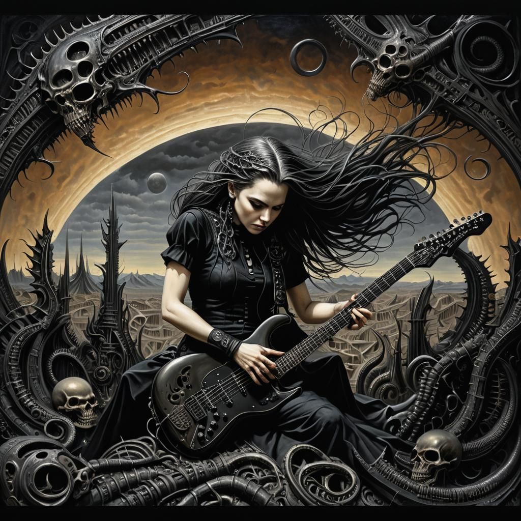 Gothic Woman Plays Guitar in H.R. Giger Style
