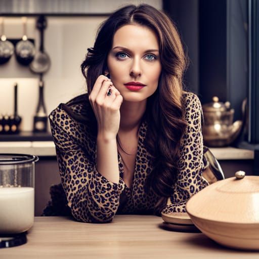 Beautiful Woman in Leopard Print in Kitchen