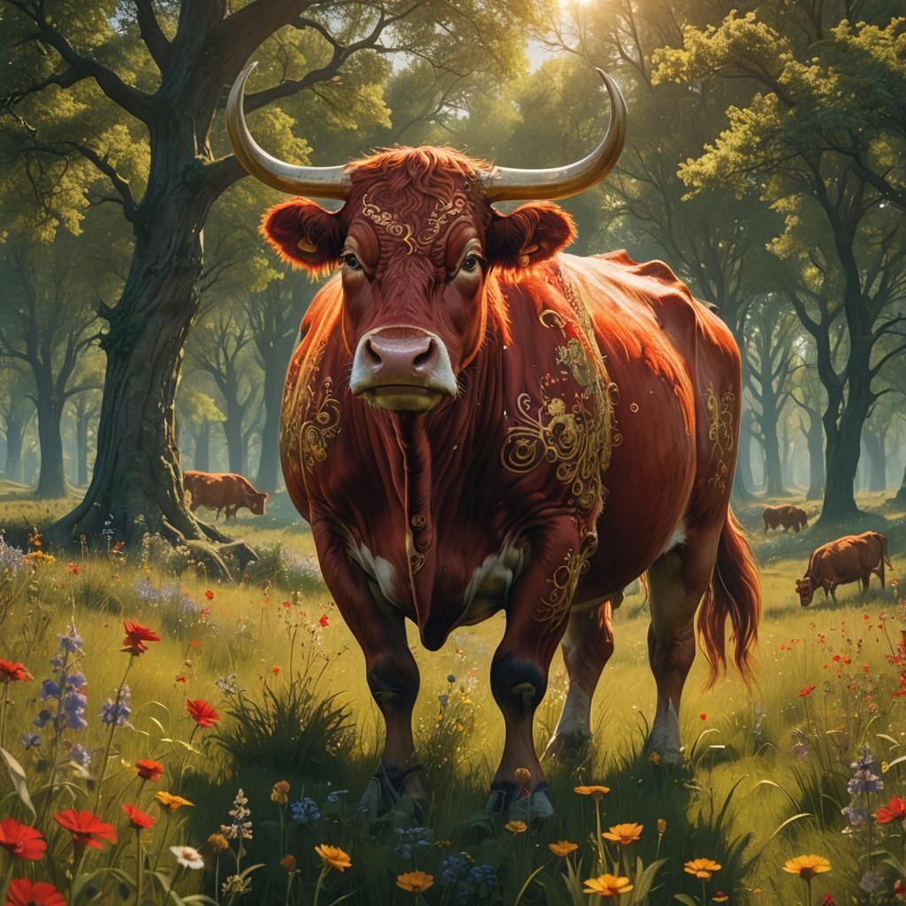 Red Cow with Golden Horns in Fantasy Meadow