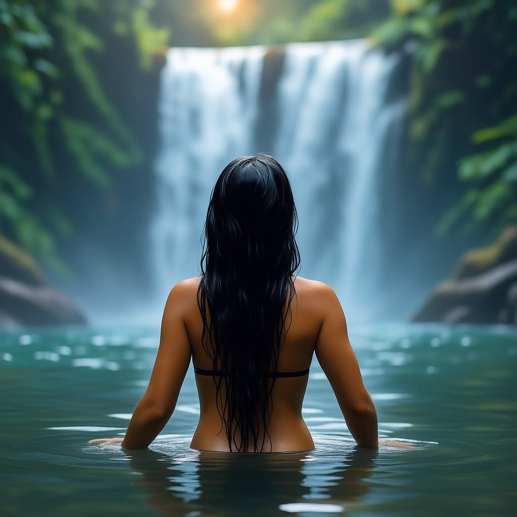 Amazon Woman Under Waterfall in Rainforest