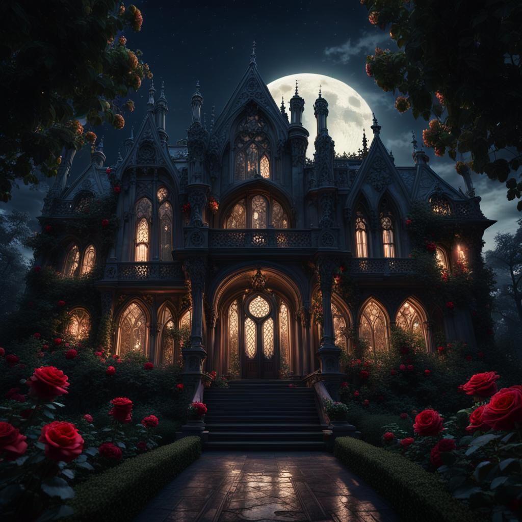 Gothic Mansion at Night in Photorealistic Style