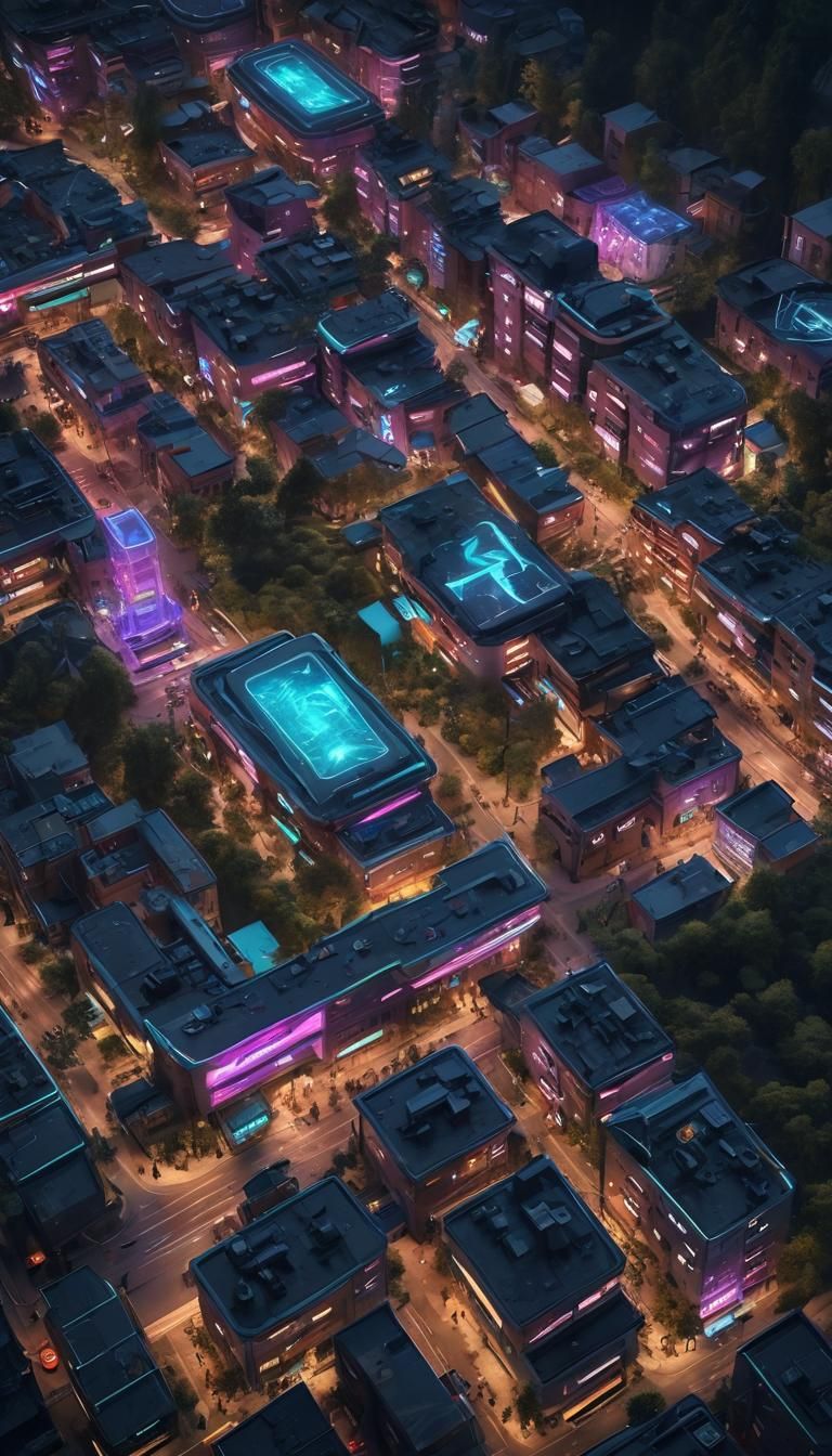 Cyberpunk Village with Neon Lights and Holographic Displays