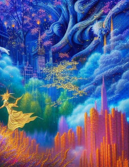 Golden Figure Dancing in Ethereal Landscape