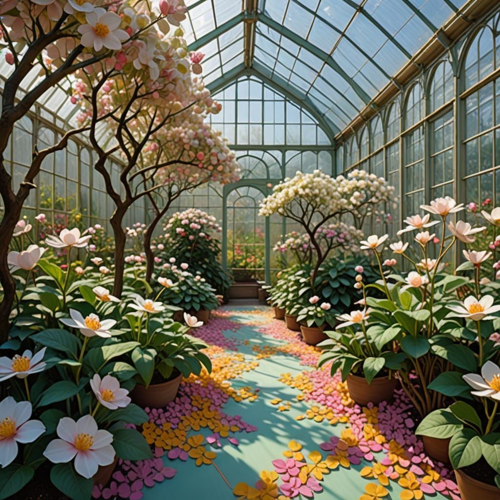 Surreal Orchard Greenhouse with Blossoms in Dreamlike Digita...