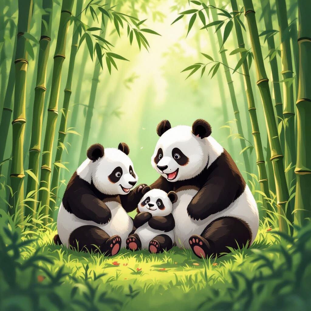 Panda Family Joyfully Playing in Bamboo Grove