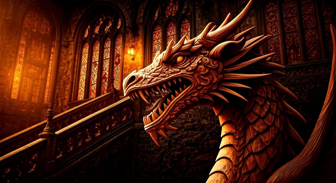 Hyperrealistic Carved Dragon Guarding Gothic Mansion