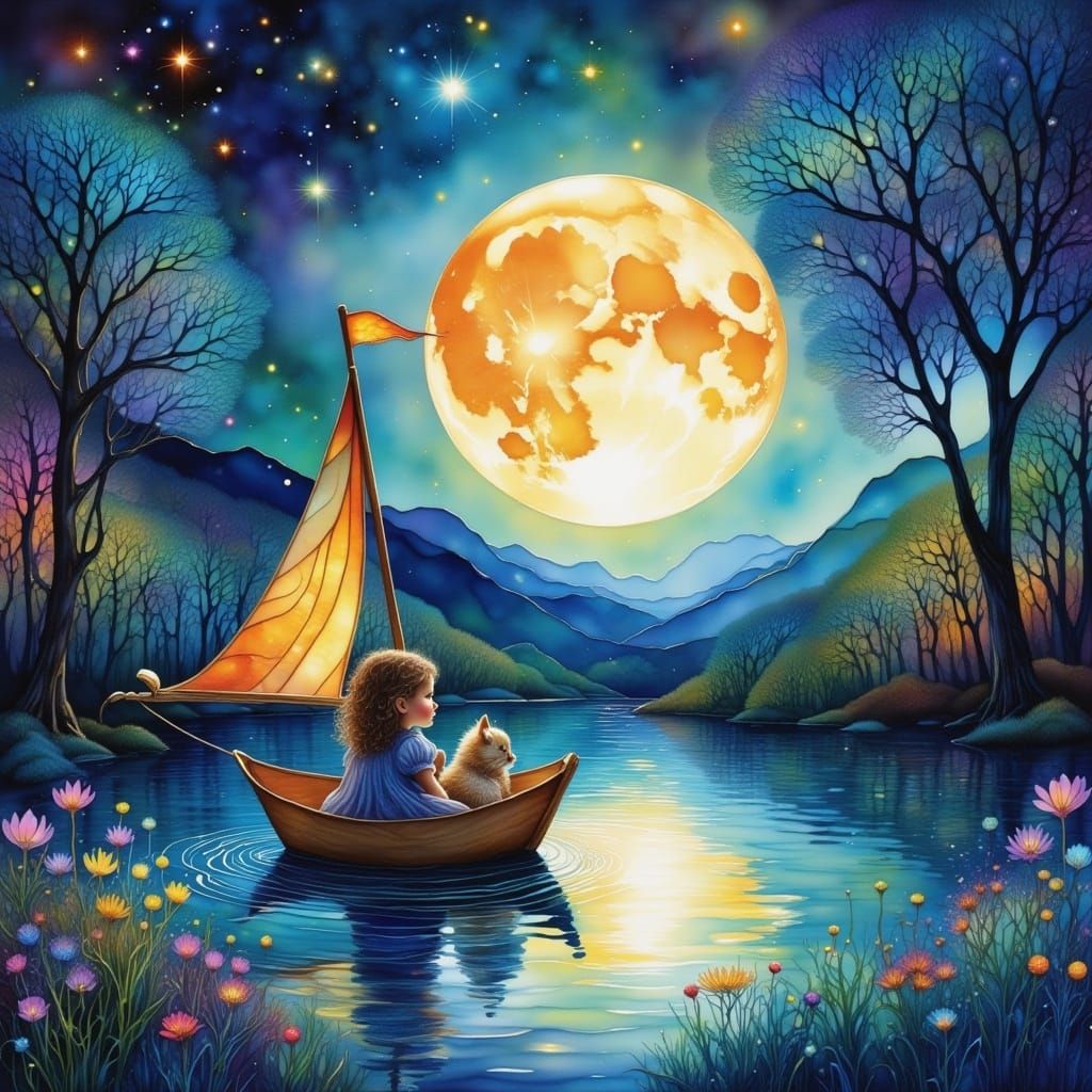 Child and Magical Companion Sail Moonlit Pond