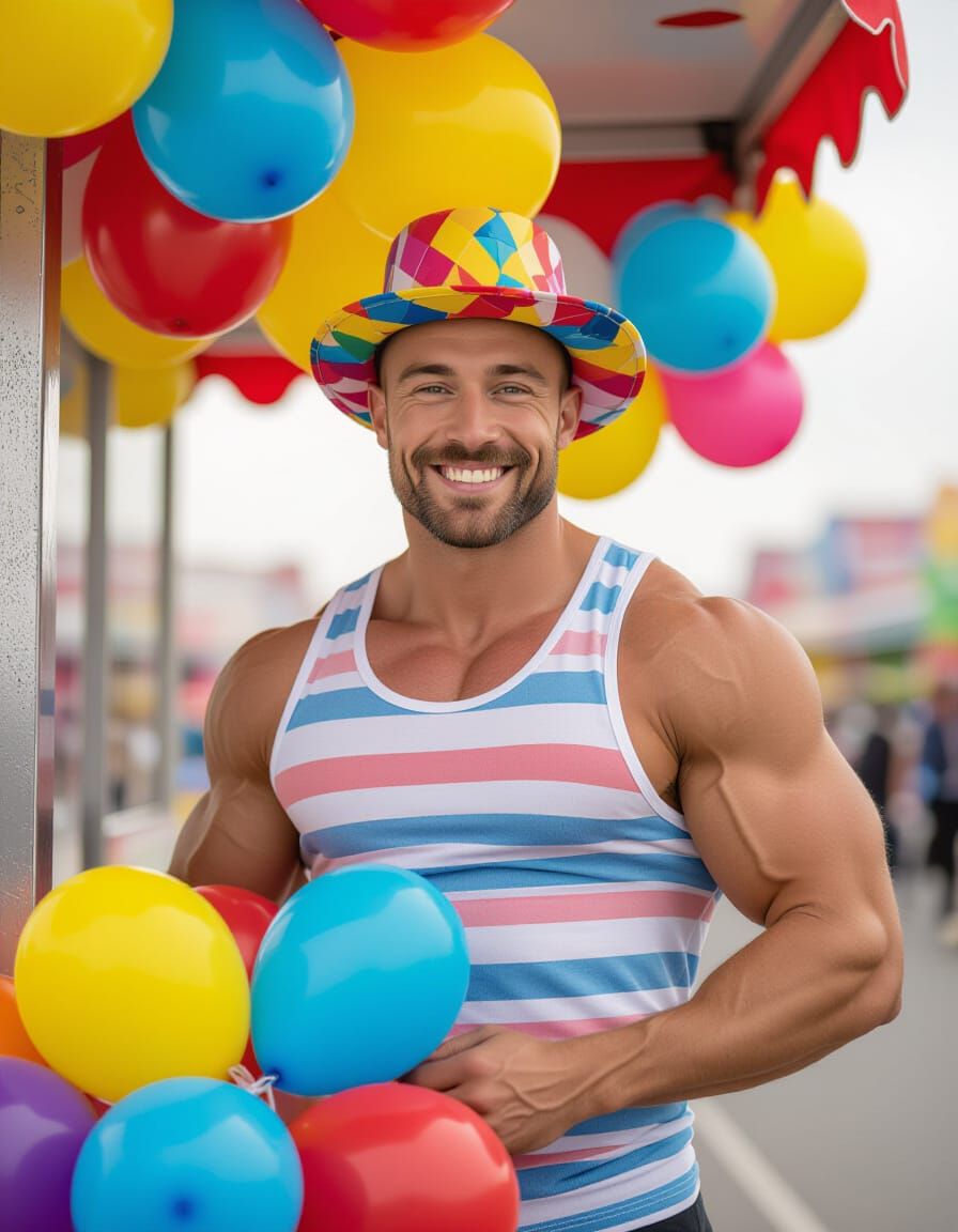 Handsome man sells balloons at a funfair