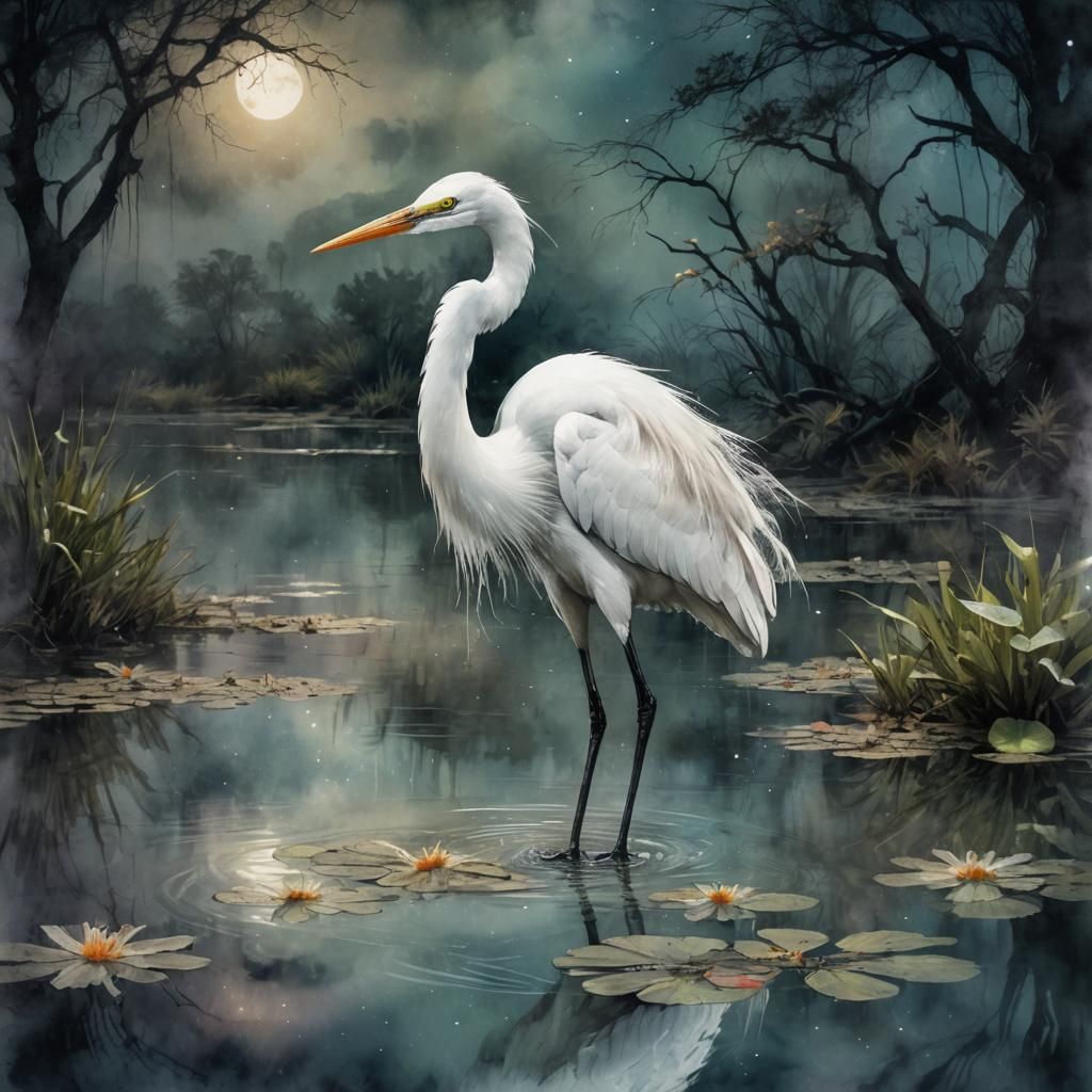 White Egret in Pond: Glassy Watercolor Art