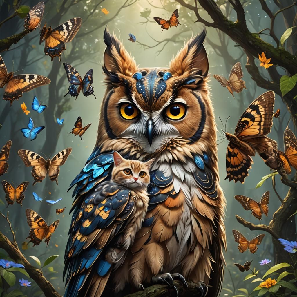 Owl Butterfly Kitten Woman: Detailed Matte Painting